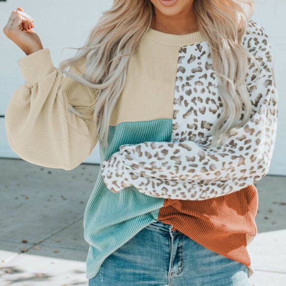 Tops - Leopard Mix Colorblock Sage and Cream sz large